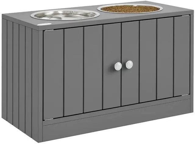 Main image of PawHut Large Elevated Dog Bowls with Storage Cabinet 44L Capacity Gray | Raised Dog Bowl Stand, Pet Feeding Station