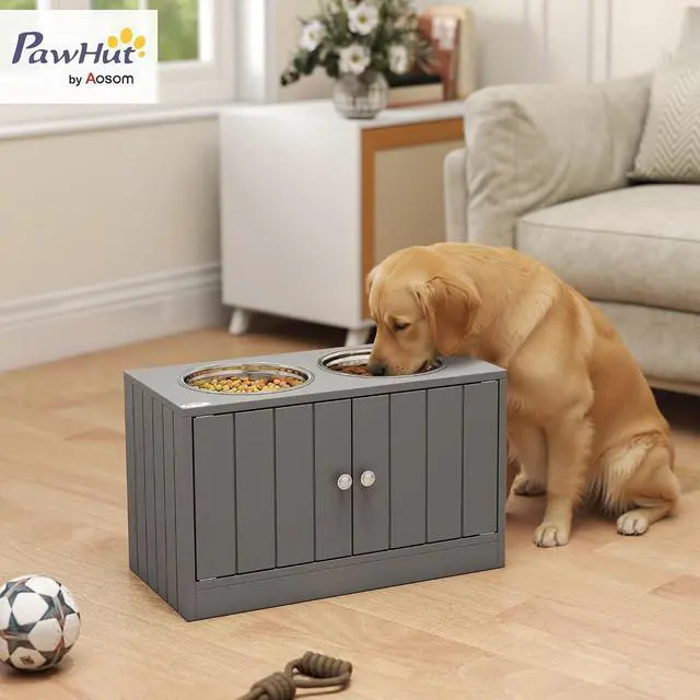 Alt view image 2 of 7 - PawHut Large Elevated Dog Bowls with Storage Cabinet 44L Capacity Gray | Raised Dog Bowl Stand, Pet Feeding Station