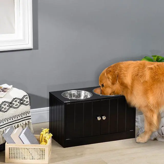 Alt view image 2 of 7 - PawHut Large Elevated Dog Bowls with Storage Cabinet 44L Capacity Black | Raised Dog Bowl Stand, Pet Feeding Station
