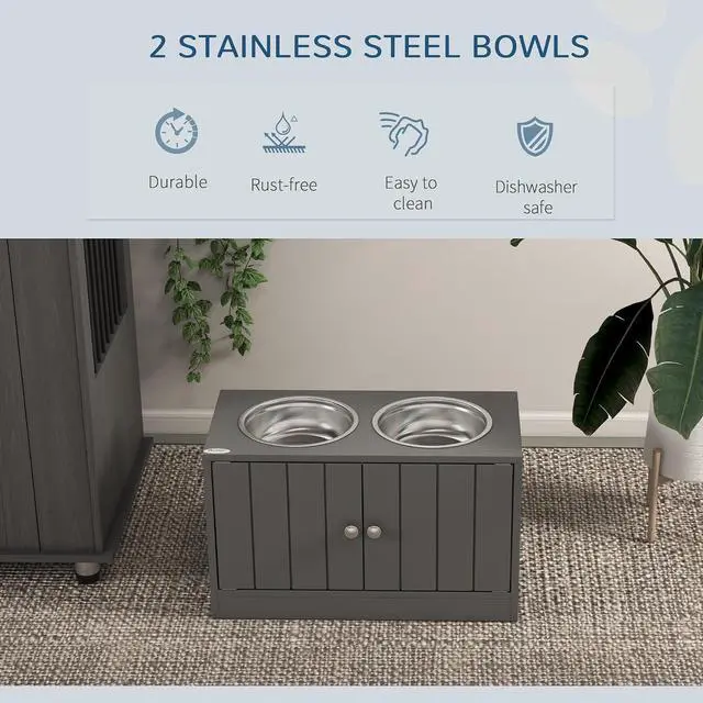 Alt view image 3 of 7 - PawHut Large Elevated Dog Bowls with Storage Cabinet 44L Capacity Gray | Raised Dog Bowl Stand, Pet Feeding Station