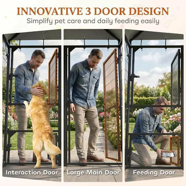 Alt view image 3 of 7 - PawHut Large Dog Kennel Outdoor with Roof for Pets, 3 Doors, 8' x 4' x 6' | Expandable Heavy Duty Outside Run Enclosure, Secure Lock, Removable Door, for Small Medium Large Pets, Chickens, Ducks