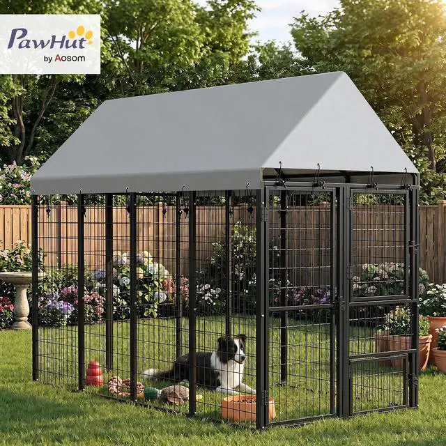 Alt view image 2 of 7 - PawHut Large Dog Kennel Outdoor with Roof for Pets, 3 Doors, 8' x 4' x 6' | Expandable Heavy Duty Outside Run Enclosure, Secure Lock, Removable Door, for Small Medium Large Pets, Chickens, Ducks