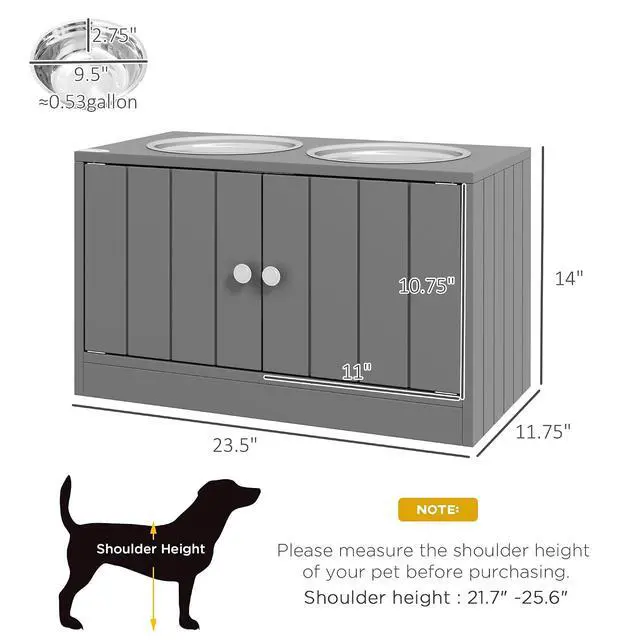 Alt view image 7 of 7 - PawHut Large Elevated Dog Bowls with Storage Cabinet 44L Capacity Gray | Raised Dog Bowl Stand, Pet Feeding Station