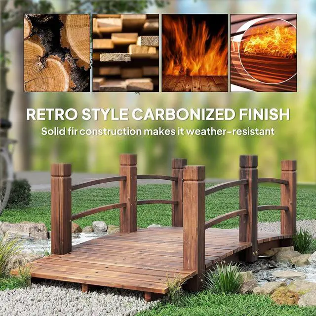 Alt view image 3 of 7 - Fir Wood Garden Bridge Arc Walkway 60" x 26.5" x 19" Stained Wood | Side Railings, Backyards, Gardens, Streams