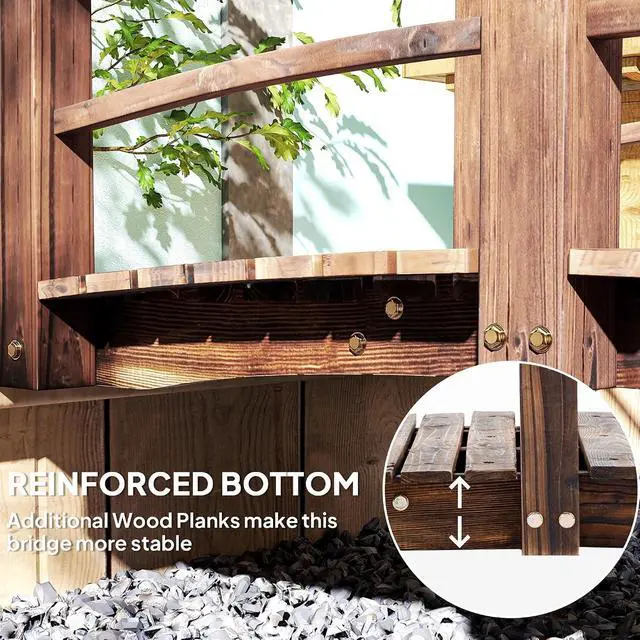 Alt view image 5 of 7 - Fir Wood Garden Bridge Arc Walkway 60" x 26.5" x 19" Stained Wood | Side Railings, Backyards, Gardens, Streams