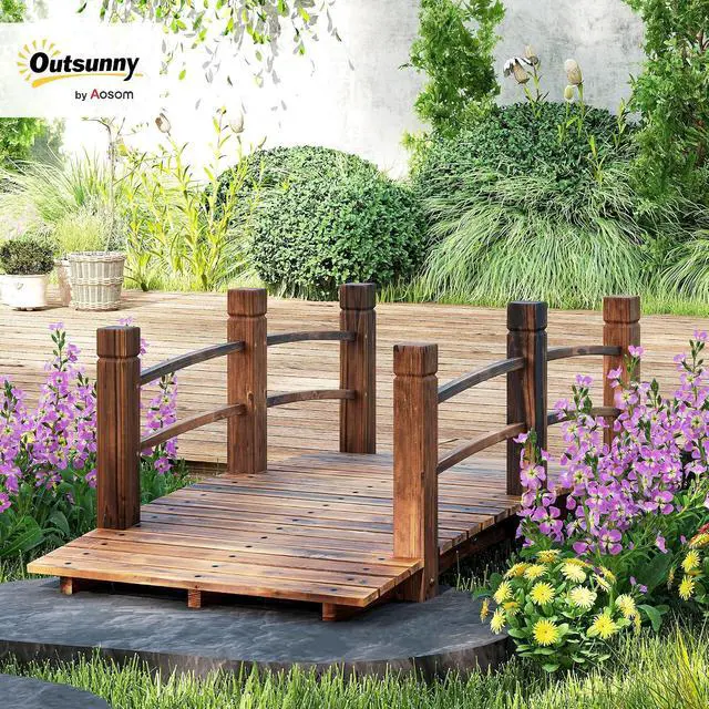 Alt view image 2 of 7 - Fir Wood Garden Bridge Arc Walkway 60" x 26.5" x 19" Stained Wood | Side Railings, Backyards, Gardens, Streams