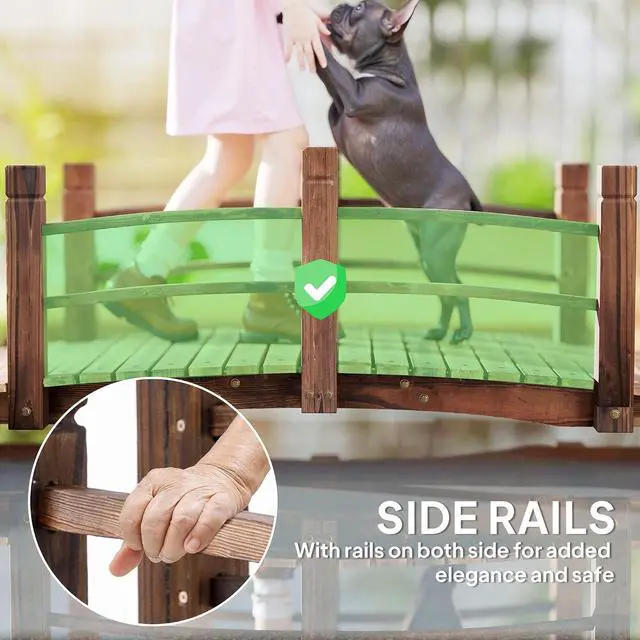 Alt view image 4 of 7 - Fir Wood Garden Bridge Arc Walkway 60" x 26.5" x 19" Stained Wood | Side Railings, Backyards, Gardens, Streams