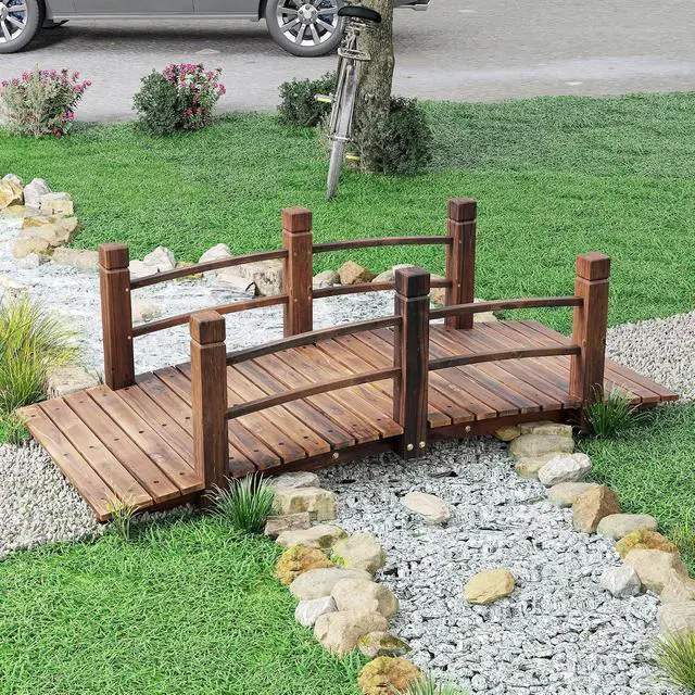 Alt view image 6 of 7 - Fir Wood Garden Bridge Arc Walkway 60" x 26.5" x 19" Stained Wood | Side Railings, Backyards, Gardens, Streams
