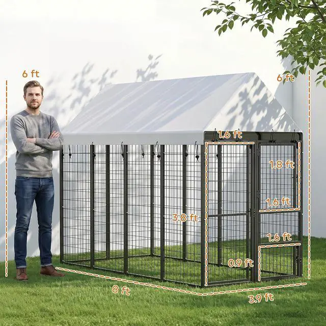 Alt view image 7 of 7 - PawHut Large Dog Kennel Outdoor with Roof for Pets, 3 Doors, 8' x 4' x 6' | Expandable Heavy Duty Outside Run Enclosure, Secure Lock, Removable Door, for Small Medium Large Pets, Chickens, Ducks