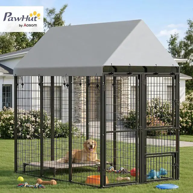 Alt view image 2 of 7 - PawHut Large Dog Kennel Outdoor with Roof for Large Pets Run 6' x 4' x 6' | 3 Doors, Expandable Heavy Duty Outside Run Enclosure, Secure Lock, Removable Door, Small Medium Pets, Chickens, Ducks