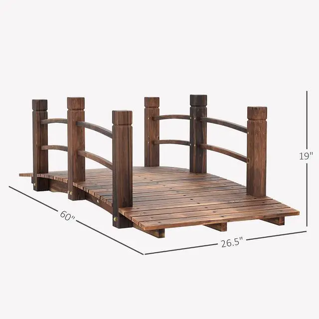 Alt view image 7 of 7 - Fir Wood Garden Bridge Arc Walkway 60" x 26.5" x 19" Stained Wood | Side Railings, Backyards, Gardens, Streams