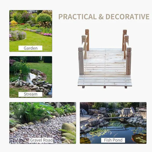 Alt view image 4 of 7 - Fir Wood Garden Bridge Arc Walkway 60" x 26.5" x 19" Natural Wood | Side Railings, Backyards, Gardens, Streams