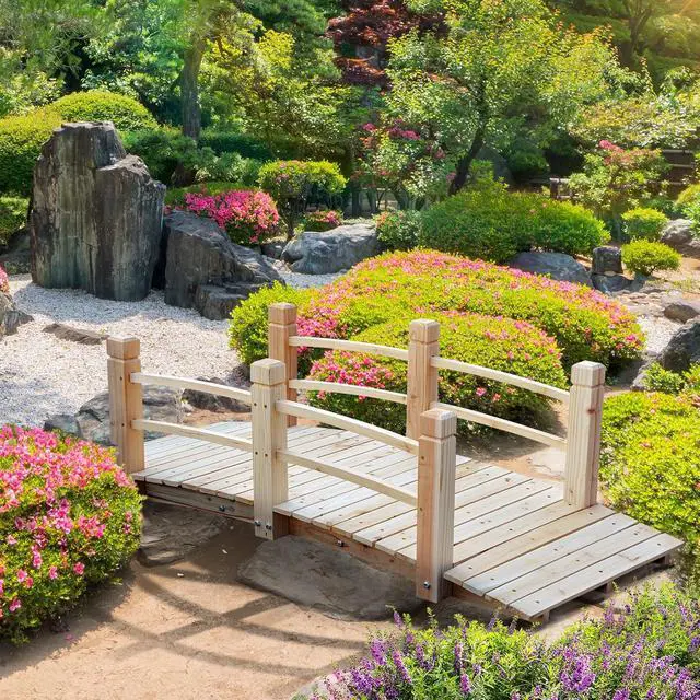 Alt view image 2 of 7 - Fir Wood Garden Bridge Arc Walkway 60" x 26.5" x 19" Natural Wood | Side Railings, Backyards, Gardens, Streams