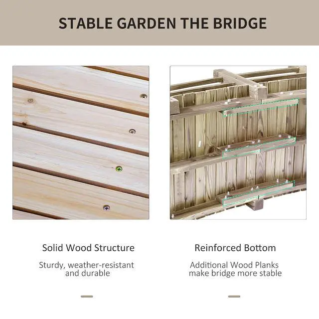 Alt view image 5 of 7 - Fir Wood Garden Bridge Arc Walkway 60" x 26.5" x 19" Natural Wood | Side Railings, Backyards, Gardens, Streams