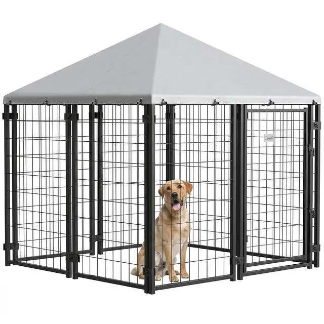 Main image of PawHut 4.7' x 4.7' x 5.1' Outdoor Dog Kennel Outside Run S&M Breeds Silver | Welded Wire Dog Kennel, Waterproof & UV Resistant Cover, for Chickens, Ducks