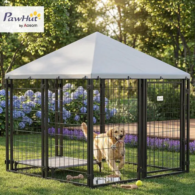 Alt view image 2 of 7 - PawHut 4.7' x 4.7' x 5.1' Outdoor Dog Kennel Outside Run S&M Breeds Silver | Welded Wire Dog Kennel, Waterproof & UV Resistant Cover, for Chickens, Ducks