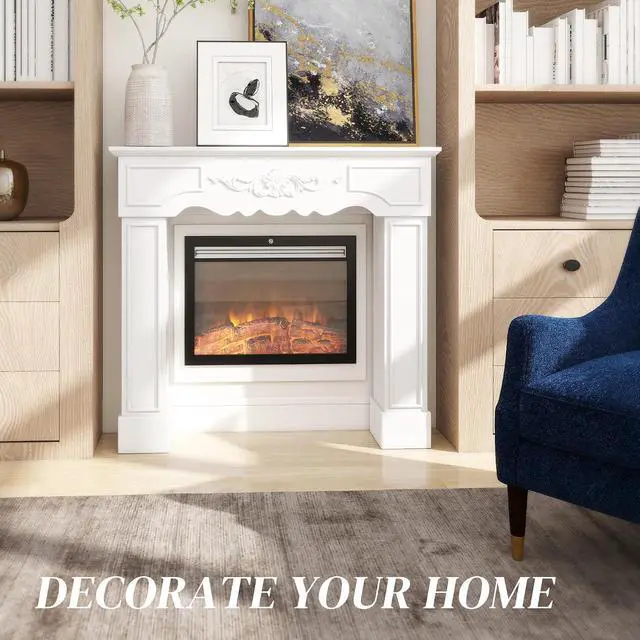 Alt view image 3 of 7 - Baroque Fireplace Mantel Freestanding with Leg 43.3"x39.8" White | Surround for Electric Fireplaces