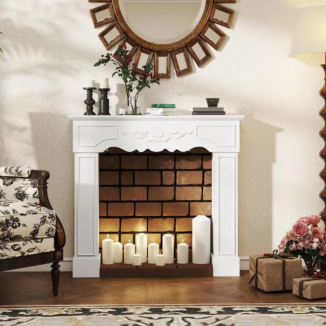 Alt view image 5 of 7 - Baroque Fireplace Mantel Freestanding with Leg 43.3"x39.8" White | Surround for Electric Fireplaces