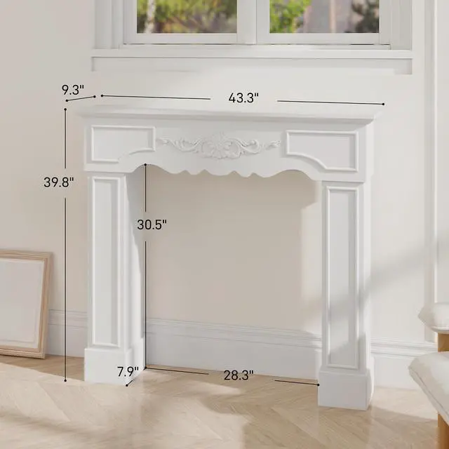 Alt view image 7 of 7 - Baroque Fireplace Mantel Freestanding with Leg 43.3"x39.8" White | Surround for Electric Fireplaces