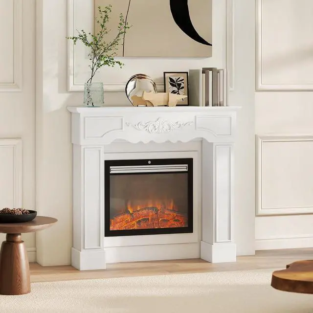 Alt view image 6 of 7 - Baroque Fireplace Mantel Freestanding with Leg 43.3"x39.8" White | Surround for Electric Fireplaces