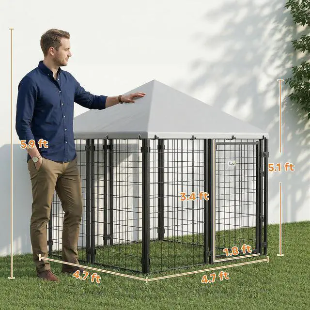 Alt view image 7 of 7 - PawHut 4.7' x 4.7' x 5.1' Outdoor Dog Kennel Outside Run S&M Breeds Silver | Welded Wire Dog Kennel, Waterproof & UV Resistant Cover, for Chickens, Ducks