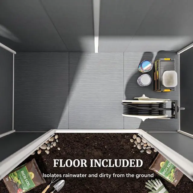 Alt view image 5 of 7 - 8' x 4' Outdoor Storage Shed Waterproof Resin with Floor Gray | With Floor, Window, Lockable Doors and Vents, All-Weather, Garden Tool Shed, for Backyard Patio Lawn