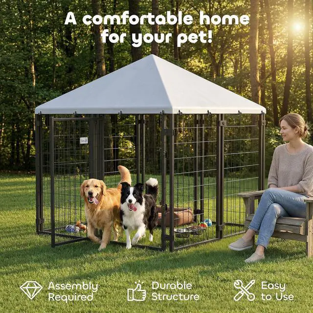 Alt view image 6 of 7 - PawHut 4.7' x 4.7' x 5.1' Outdoor Dog Kennel Outside Run S&M Breeds Silver | Welded Wire Dog Kennel, Waterproof & UV Resistant Cover, for Chickens, Ducks