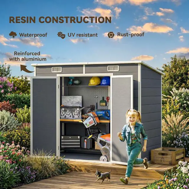 Alt view image 4 of 7 - 8' x 4' Outdoor Storage Shed Waterproof Resin with Floor Gray | With Floor, Window, Lockable Doors and Vents, All-Weather, Garden Tool Shed, for Backyard Patio Lawn