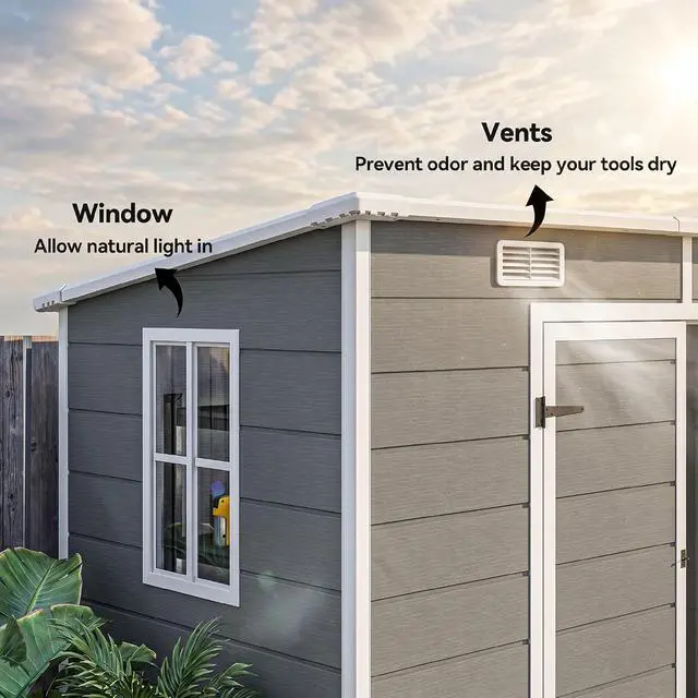 Alt view image 6 of 7 - 8' x 4' Outdoor Storage Shed Waterproof Resin with Floor Gray | With Floor, Window, Lockable Doors and Vents, All-Weather, Garden Tool Shed, for Backyard Patio Lawn