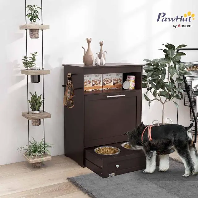 Alt view image 2 of 7 - PawHut Dog Feeding Station with Raised Bowls, Pet Feeder Station, Brown | Dog Food Storage Cabinet, Hanger for Feeding & Watering Supplies