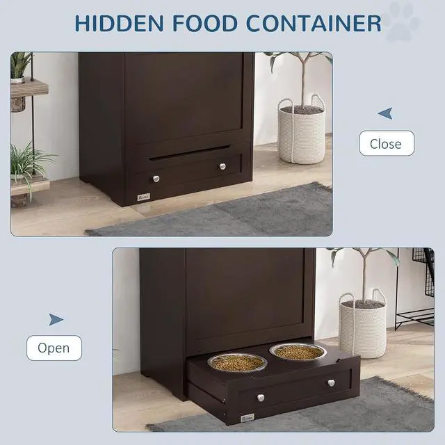 Alt view image 5 of 7 - PawHut Dog Feeding Station with Raised Bowls, Pet Feeder Station, Brown | Dog Food Storage Cabinet, Hanger for Feeding & Watering Supplies