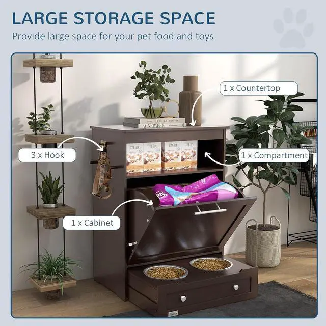 Alt view image 4 of 7 - PawHut Dog Feeding Station with Raised Bowls, Pet Feeder Station, Brown | Dog Food Storage Cabinet, Hanger for Feeding & Watering Supplies