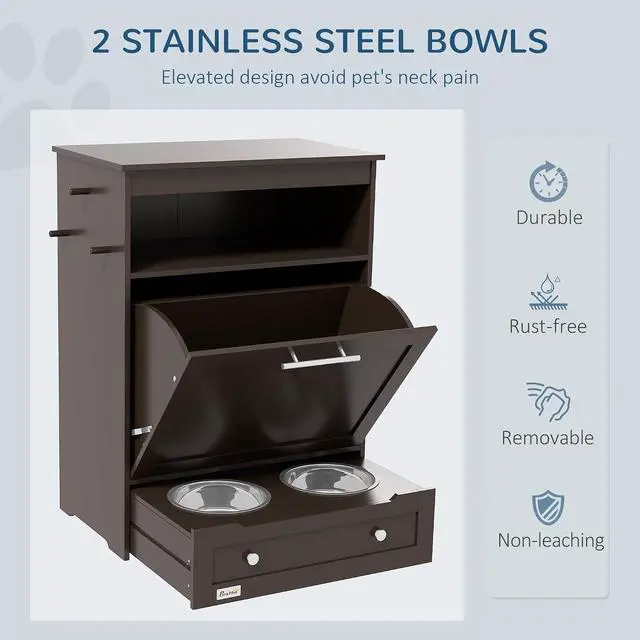 Alt view image 3 of 7 - PawHut Dog Feeding Station with Raised Bowls, Pet Feeder Station, Brown | Dog Food Storage Cabinet, Hanger for Feeding & Watering Supplies