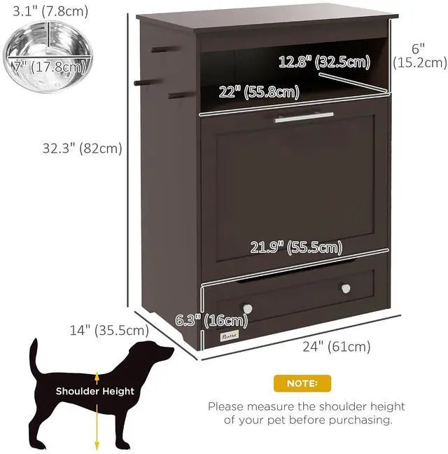 Alt view image 7 of 7 - PawHut Dog Feeding Station with Raised Bowls, Pet Feeder Station, Brown | Dog Food Storage Cabinet, Hanger for Feeding & Watering Supplies