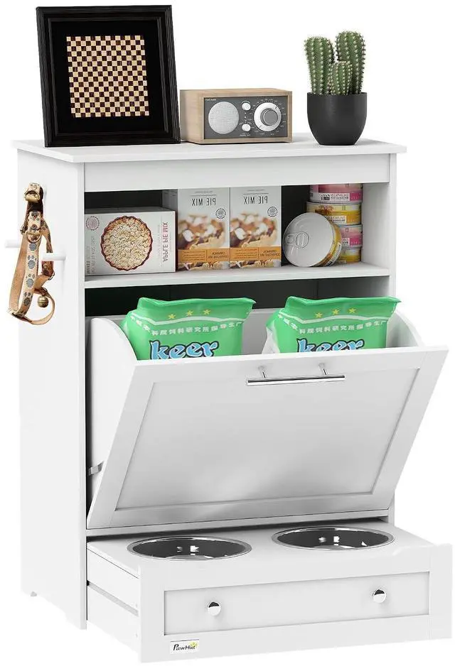 Main image of PawHut Dog Feeding Station with Raised Bowls, Pet Feeder Station, White | Dog Food Storage Cabinet, Hanger for Feeding & Watering Supplies