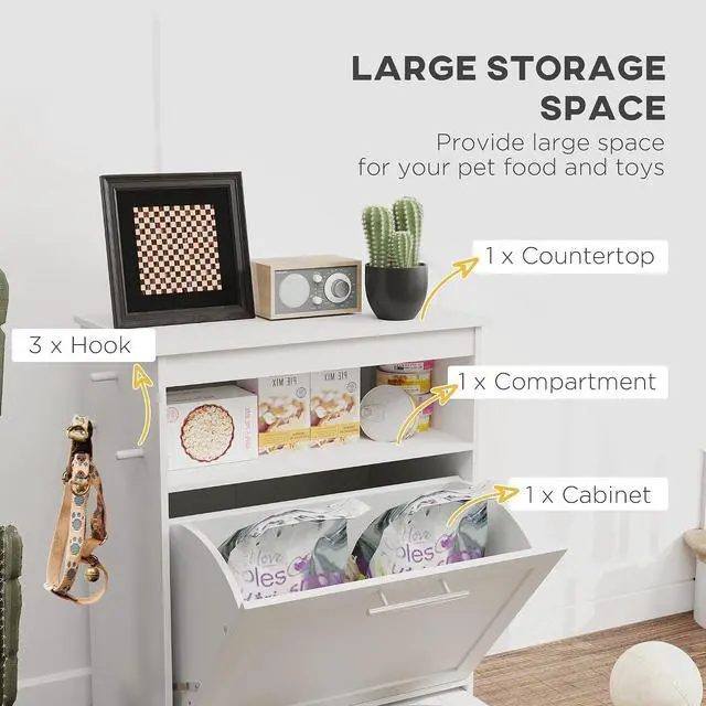 Alt view image 4 of 7 - PawHut Dog Feeding Station with Raised Bowls, Pet Feeder Station, White | Dog Food Storage Cabinet, Hanger for Feeding & Watering Supplies