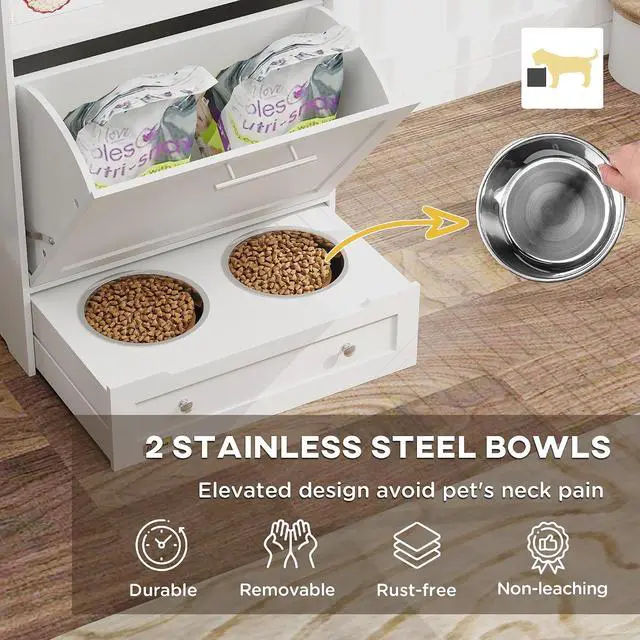Alt view image 3 of 7 - PawHut Dog Feeding Station with Raised Bowls, Pet Feeder Station, White | Dog Food Storage Cabinet, Hanger for Feeding & Watering Supplies