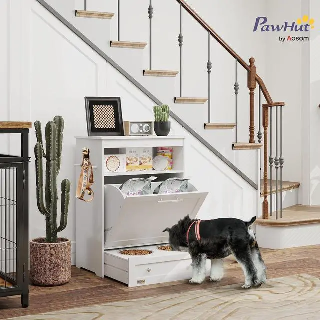 Alt view image 2 of 7 - PawHut Dog Feeding Station with Raised Bowls, Pet Feeder Station, White | Dog Food Storage Cabinet, Hanger for Feeding & Watering Supplies