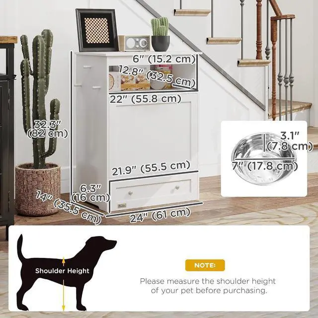 Alt view image 7 of 7 - PawHut Dog Feeding Station with Raised Bowls, Pet Feeder Station, White | Dog Food Storage Cabinet, Hanger for Feeding & Watering Supplies