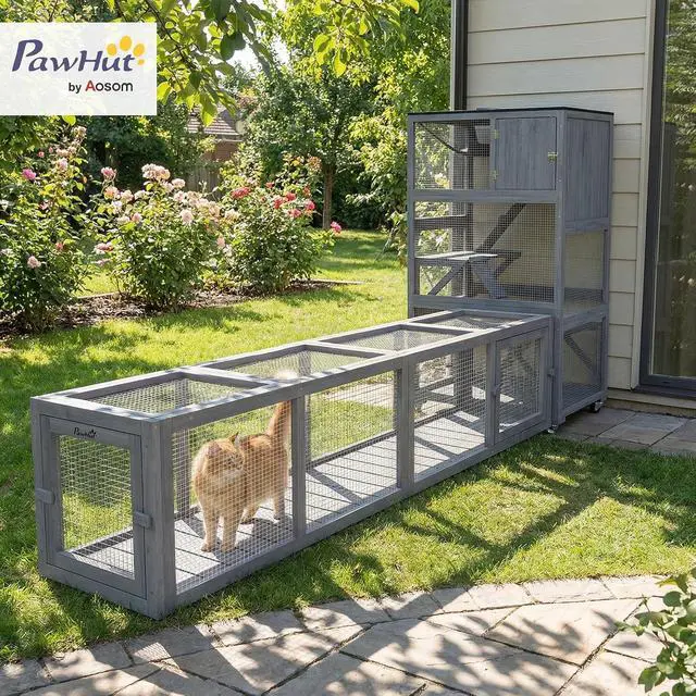 Alt view image 2 of 7 - PawHut Outdoor Cat Tunnel with Extendable Design, 79" L, Dark Gray | Wooden Cat Run with Weather Protection, Connecting Inside and Outside, for Deck Patios, Balconies