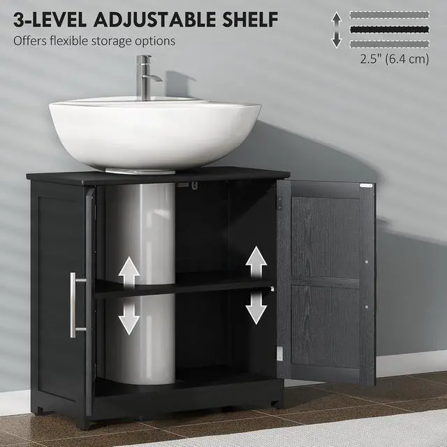Alt view image 6 of 7 - Pedestal Sink Storage Cabinet, 2 Barn Doors, Distressed Black | Farmhouse Freestanding Bathroom Sink Cabinet, Adjustable Shelf