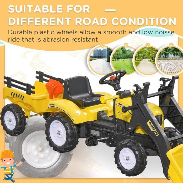 Alt view image 5 of 7 - Kids Ride-On Excavator Pedal Car Bulldozer, 6 Wheels, Cargo Trailer | Move Forward/Back, Real Working Dirt Bucket