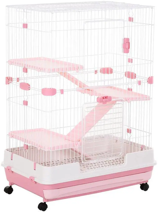Main image of PawHut 4-Level Small Animal Cage Rabbit Hutch with Wheels for Bunny Pink | Removable Tray, Platform and Ramp, for Chinchillas, Ferret