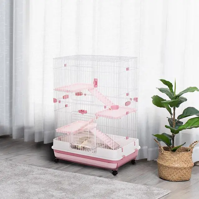 Alt view image 2 of 7 - PawHut 4-Level Small Animal Cage Rabbit Hutch with Wheels for Bunny Pink | Removable Tray, Platform and Ramp, for Chinchillas, Ferret