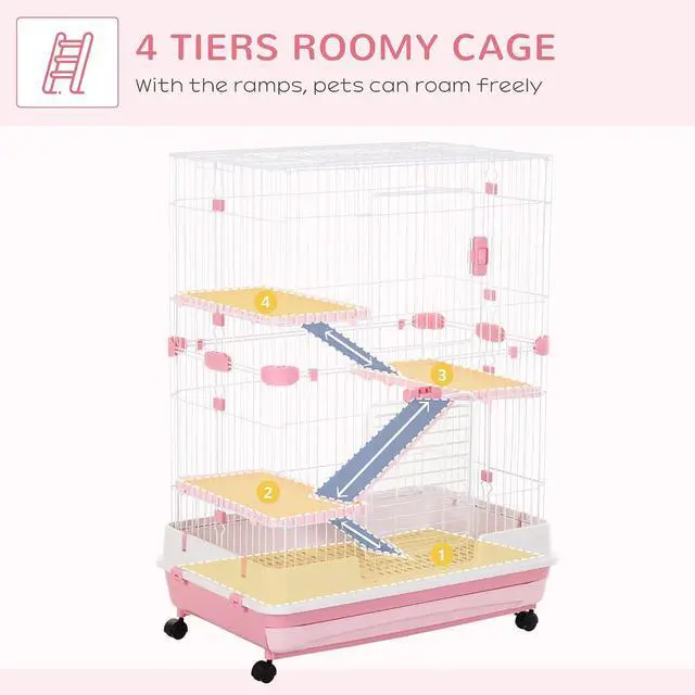 Alt view image 3 of 7 - PawHut 4-Level Small Animal Cage Rabbit Hutch with Wheels for Bunny Pink | Removable Tray, Platform and Ramp, for Chinchillas, Ferret