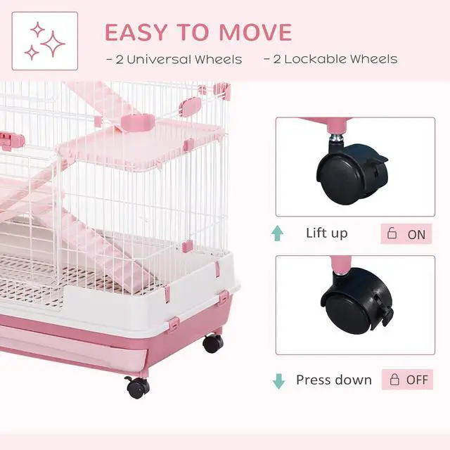Alt view image 4 of 7 - PawHut 4-Level Small Animal Cage Rabbit Hutch with Wheels for Bunny Pink | Removable Tray, Platform and Ramp, for Chinchillas, Ferret