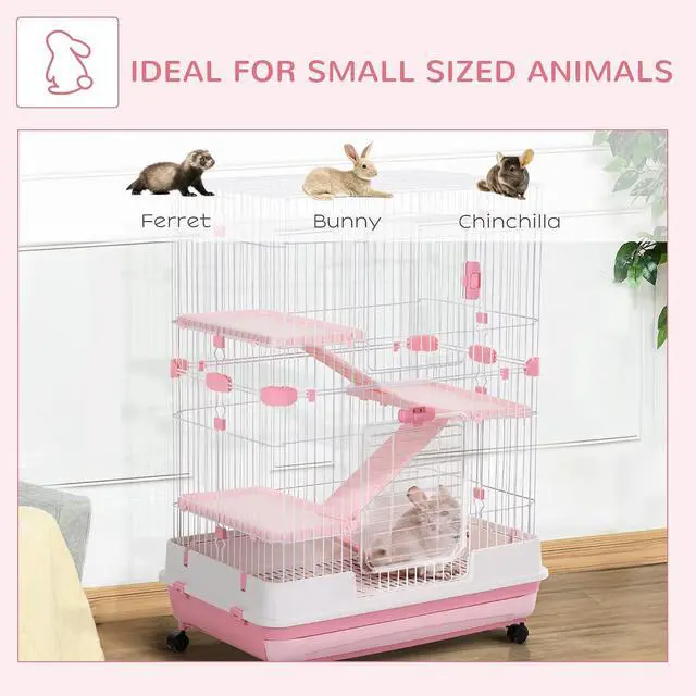 Alt view image 5 of 7 - PawHut 4-Level Small Animal Cage Rabbit Hutch with Wheels for Bunny Pink | Removable Tray, Platform and Ramp, for Chinchillas, Ferret