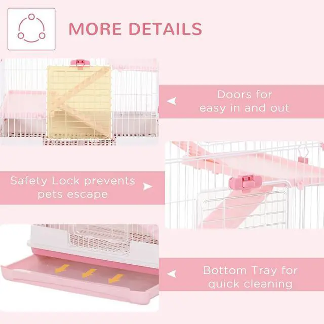 Alt view image 6 of 7 - PawHut 4-Level Small Animal Cage Rabbit Hutch with Wheels for Bunny Pink | Removable Tray, Platform and Ramp, for Chinchillas, Ferret