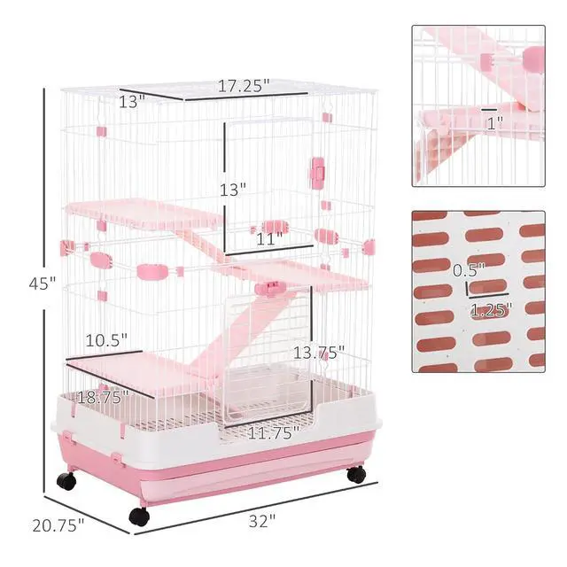 Alt view image 7 of 7 - PawHut 4-Level Small Animal Cage Rabbit Hutch with Wheels for Bunny Pink | Removable Tray, Platform and Ramp, for Chinchillas, Ferret