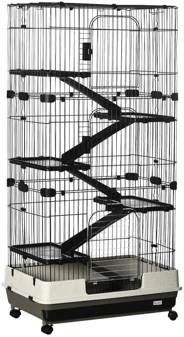 Main image of PawHut 6-Level Small Animal Cage Rabbit Hutch with Wheels, Removable Tray, Platform and Ramp for Bunny, Chinchillas, Ferret, Black | Removable Tray, Platform and Ramp, for Chinchillas, Ferret